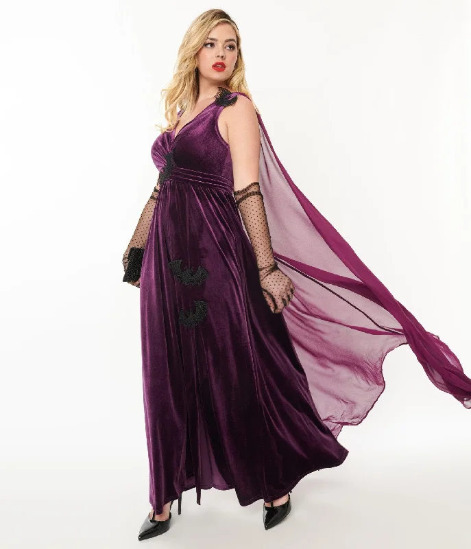 Affordable Women's Attire Unique Vintage Eggplant & Black Bat Velvet Cape Gown