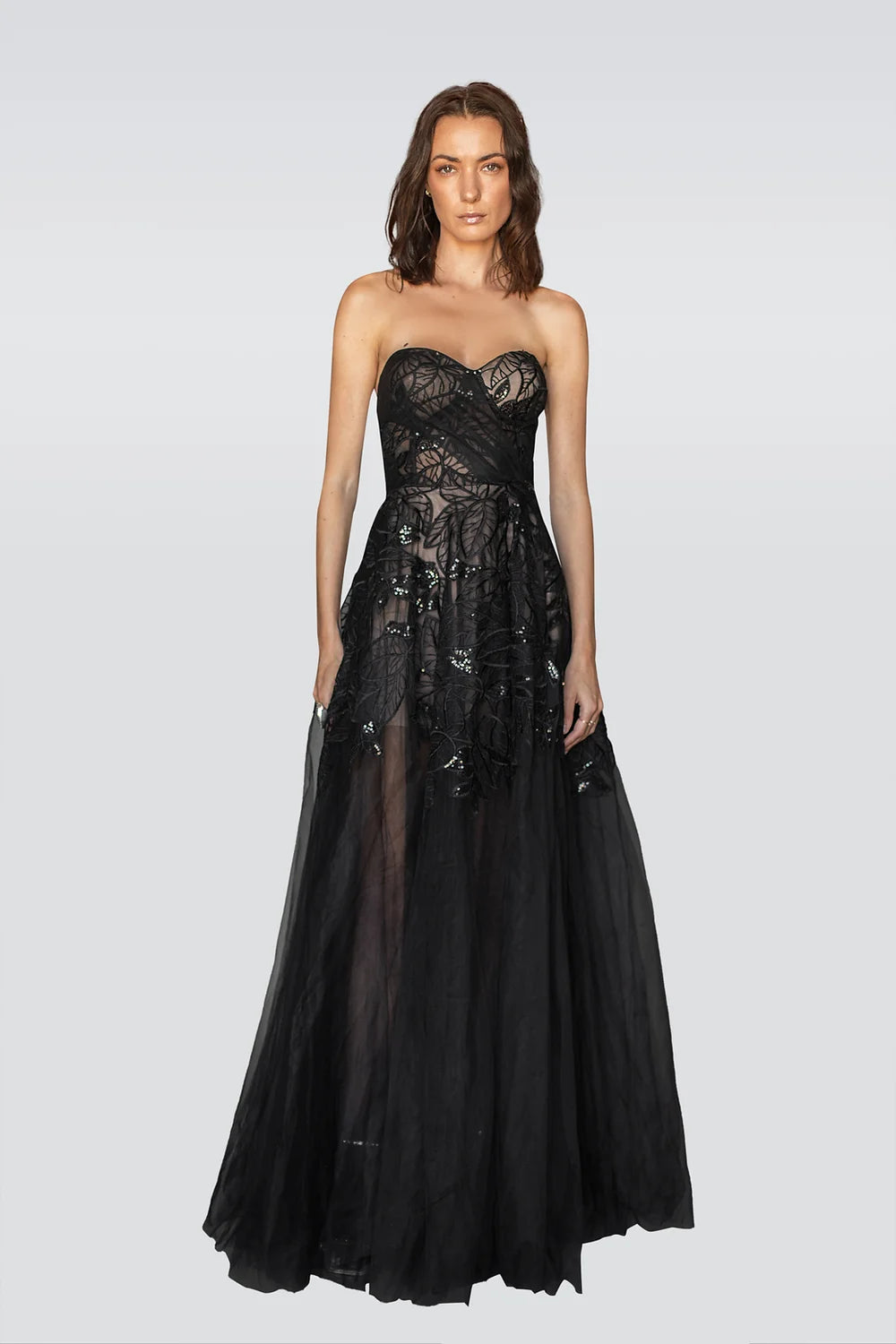Women's Evening Wear Attire Nightflora Strapless Couture Gown - Black
