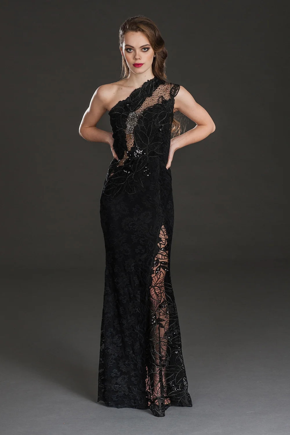 Women's Outdoor Attire Embellished One Shoulder Gown - Black