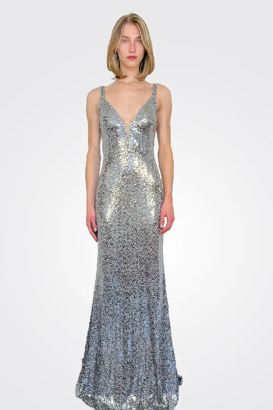 Modern Women's Clothes Fitted Sequin Gown - Gunmetal