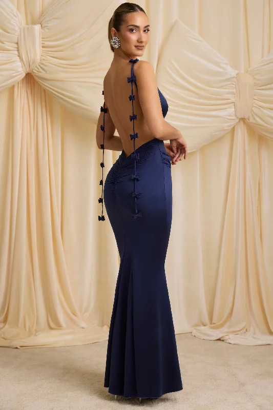 Versatile Women's Fashion Bow-Detail Draped Open-Back Gown in True Navy
