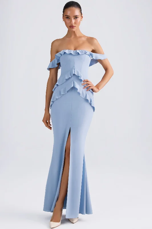 Women's High-Fashion Garments Off-Shoulder Ruffle-Trim Gown in Light Blue