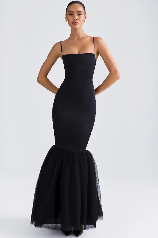 Casual Chic Clothing For Women Tulle Hem Fishtail Gown in Black