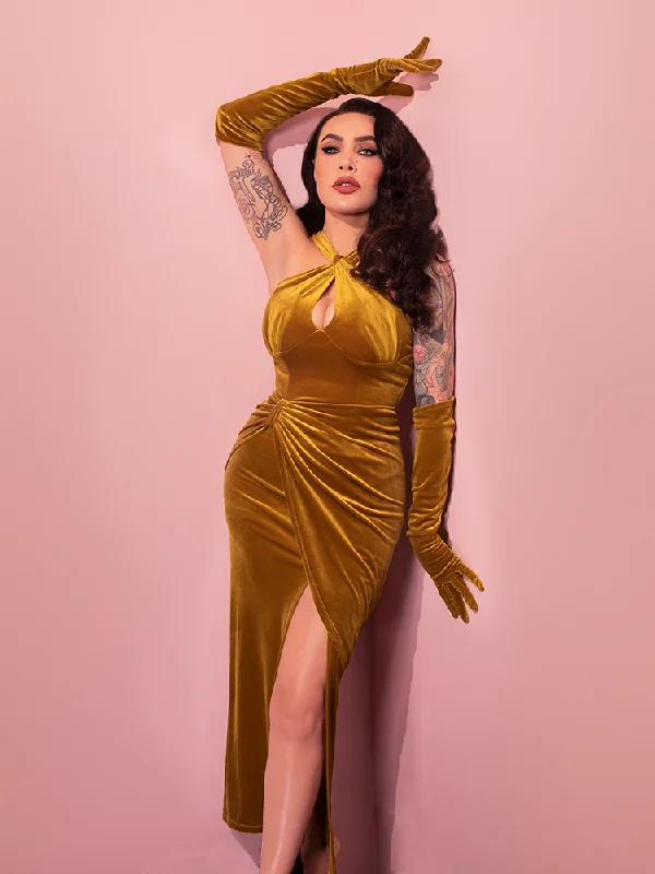 Women's Evening Attire Golden Era Gown and Glove Set in Gold Velvet - Vixen by Micheline Pitt