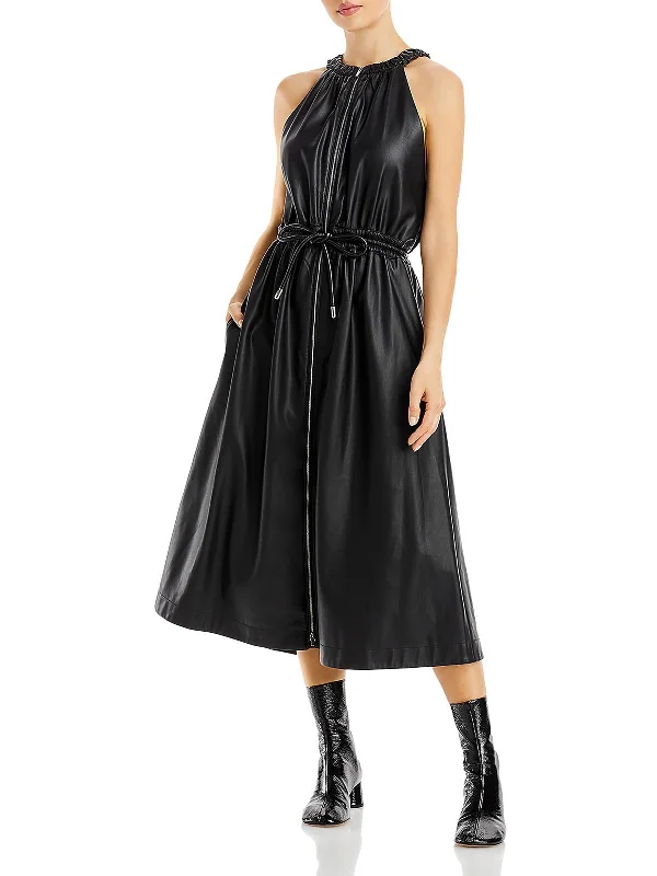 Formal Garments For Women Womens Faux Leather Mid Calf Halter Dress