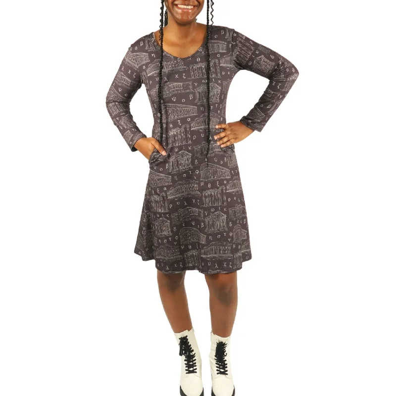 Comfortable Casual Women's Clothing Greek Letters and Monuments Long Sleeve A-Line Dress (No Waist Seam)