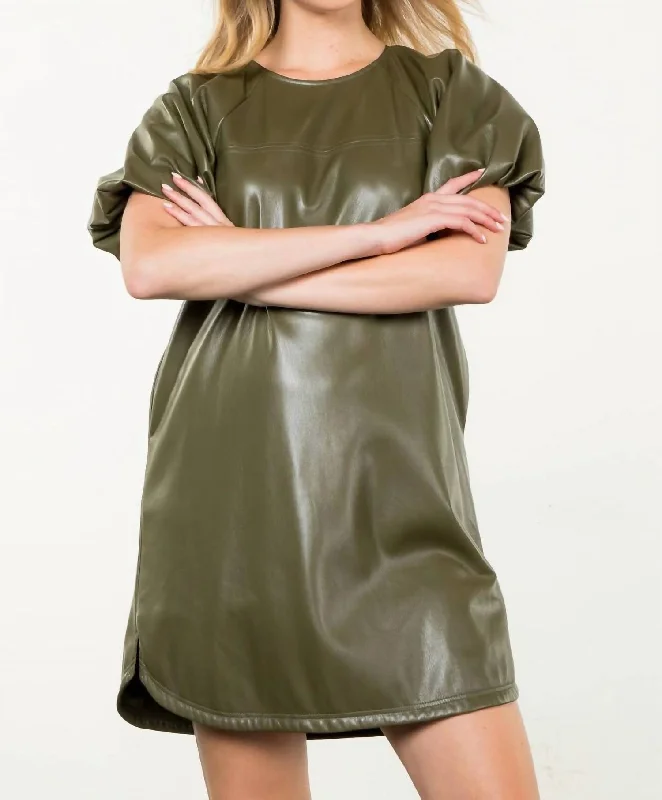 Women's Evening Clothing Sophia Puff Sleeve Faux Leather Dress In Olive