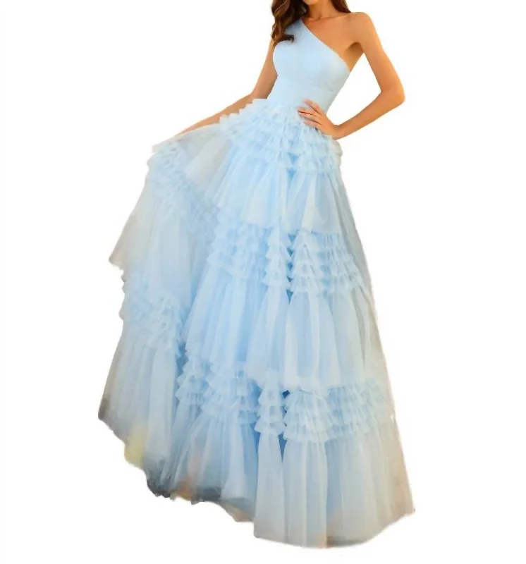 Everyday Women's Fashion Trends One Shoulder Tiered Tulle Gown In Light Blue