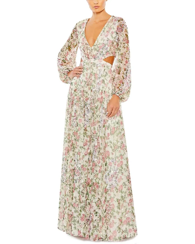 Women's Clothing For Holiday Travel Mac Duggal Sequined Floral Lace-Up Gown
