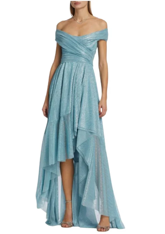 Women's Clothing For Special Occasions Holunder Sprinkled Metallic Off Shoulder High-Low Dress Gown In Turquoise