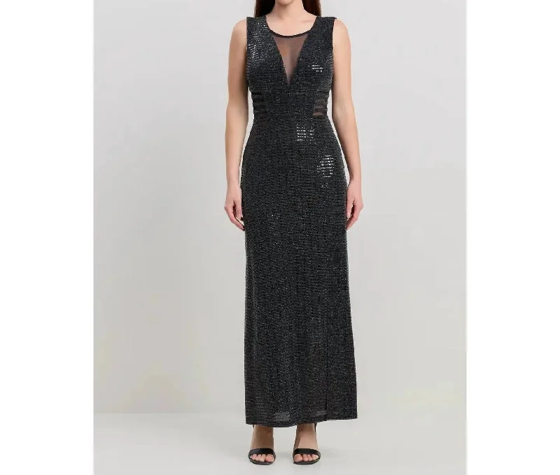 Women's Stylish Vacation Attire Mesh Glitter Gown W/ Side Cut Outs In Black