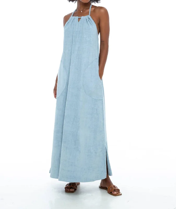 Clothing Sales Terry Cloth Long Halter Dress In Sky Blue