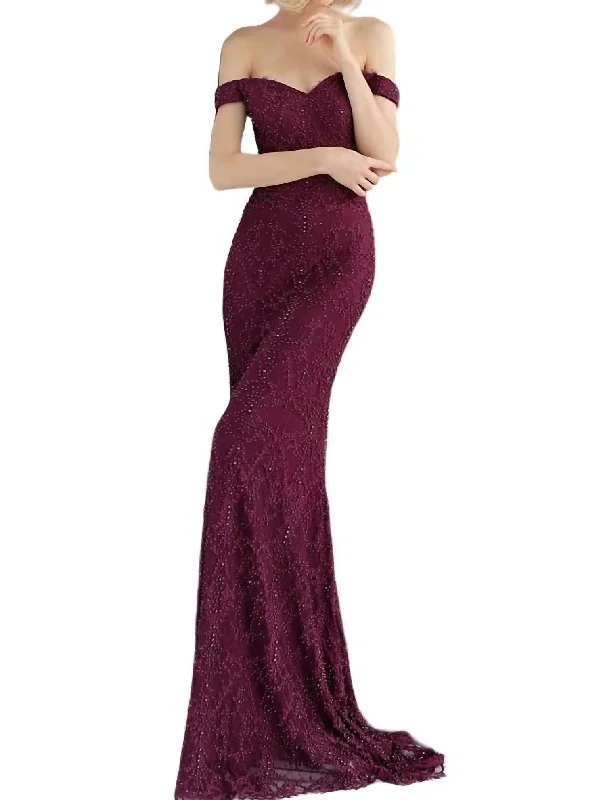 Timeless Women's Apparel Off Shoulder Dress With Ruffled Bottom In Burgundy