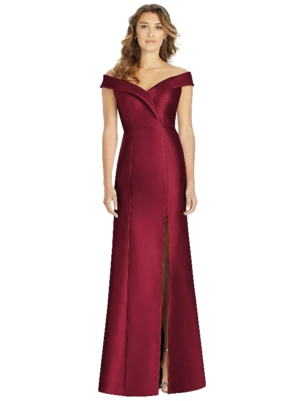 Women's Apparel And Garments Off-the-Shoulder Cuff Trumpet Gown with Front Slit-US 10  / burgundy