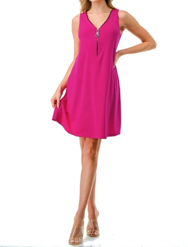 Affordable Women's Clothing Ariella Solid Big Zipper Tank Dress In Pink