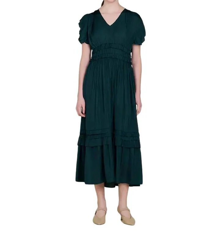 Women's Professional Garments Ruffled Satin V-Neck Dress In Deep Emerald