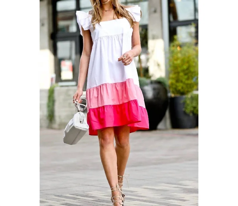 VIP Member Discount Harrison Ruffle Dress In White/pink