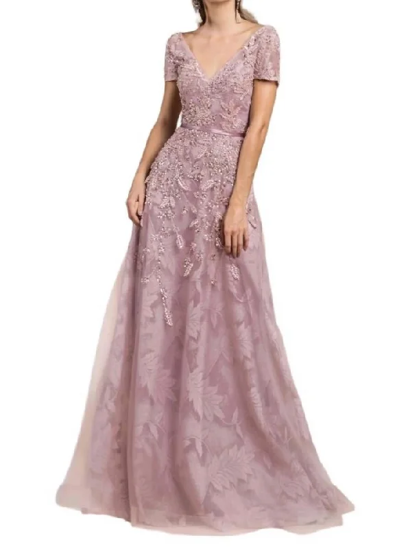 Women's Luxury Attire Pearl Berry Embellished A-Line Gown