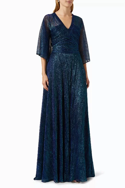 Women's Evening Outfit Hottie Metallic Voile 3/4 Sleeve V Neck Gown In Navy