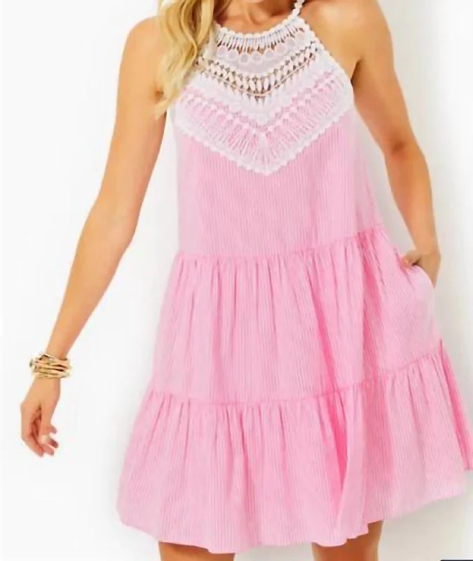 Women's Clothing for All Occasions Britt Seersucker Striped Halter Dress In Havana Pink Seersucker Stripe
