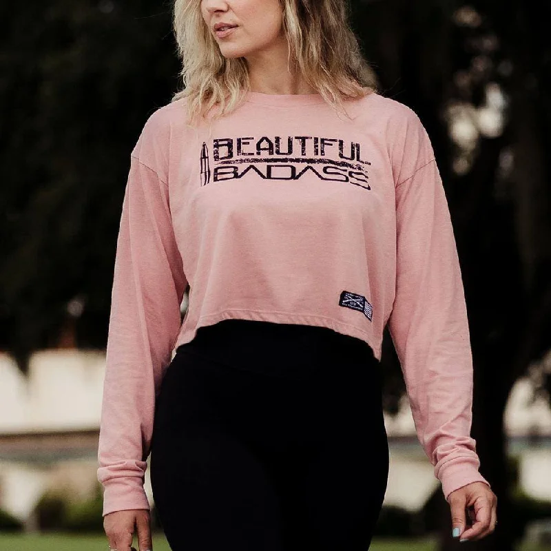 Classic Women's Clothing Styles Women's Beautiful Badass Long Sleeve Cropped T-Shirt - Desert Pink