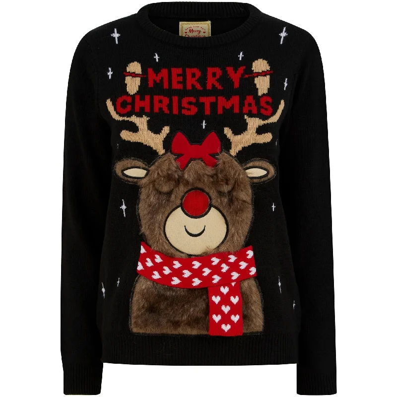 Luxury Women's Clothes Christmas Heart Scarf LED Light Up Womens Jumper - Black