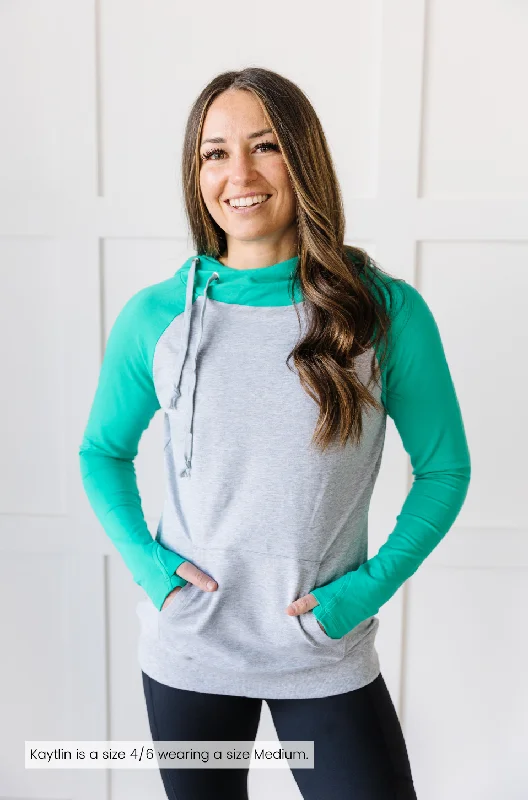 Comfortable Women's Clothing Raglan Hoodie in Grey & Green [Relaxed Fit]