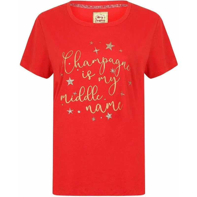 Women's Functional Outfit For Outdoor Activities Season's Greetings Xmas Bubbly Womens Christmas Short Sleeve Top - Red