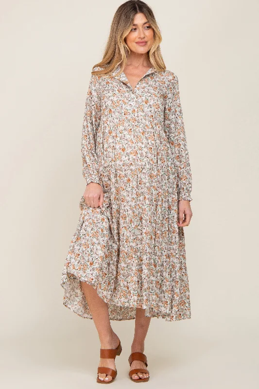 Fashionable Women's Casual Apparel Beige Floral Button Front Long Sleeve Tiered Maternity Midi Dress