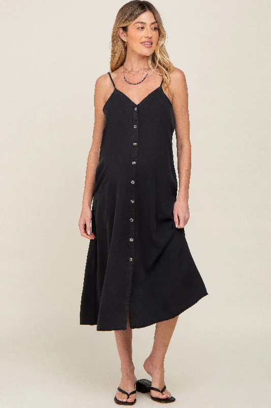 Women's Charming Outfit For Events Black Button Down Maternity Midi Tank Dress