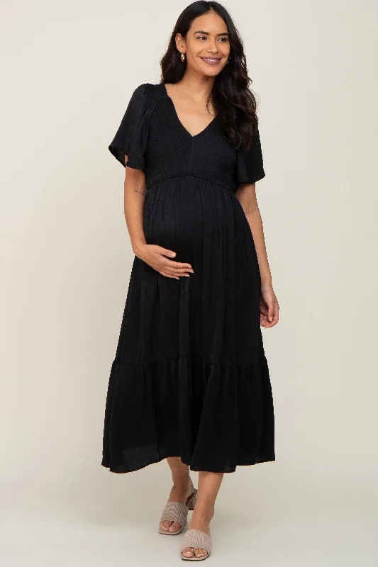 Timeless Women's Clothes Black Satin Smocked Maternity Midi Dress