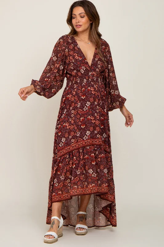 Affordable Women's Clothing Brown Floral Hi-Lo Train Maternity Maxi Dress