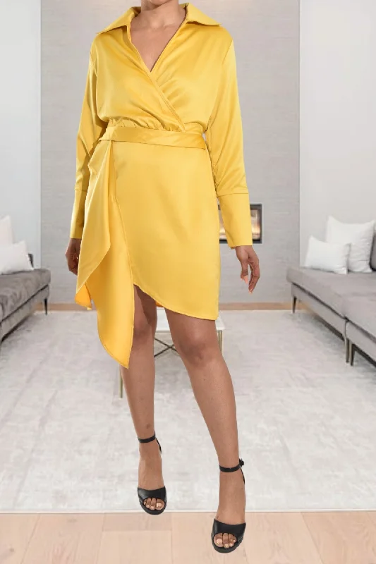 Women's Party Clothes Mustard Satin Wrap Dress