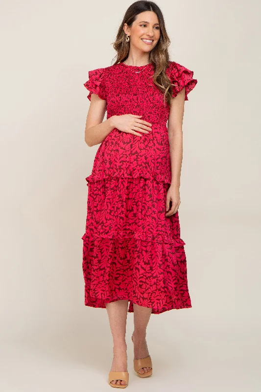 Women's Stylish Outdoor Outfit Fuchsia Print Smocked Ruffle Tiered Maternity Midi Dress