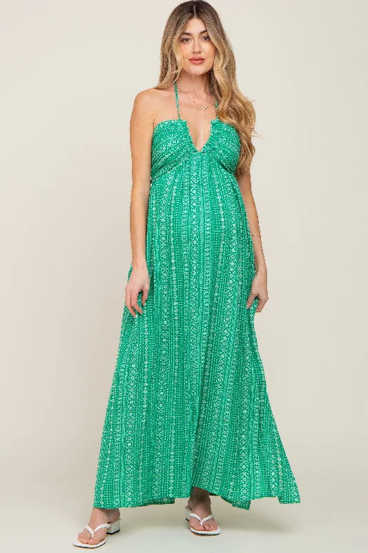 Women's Trendy Casual Clothes Green Halter Printed Side Slit Maternity Maxi Dress