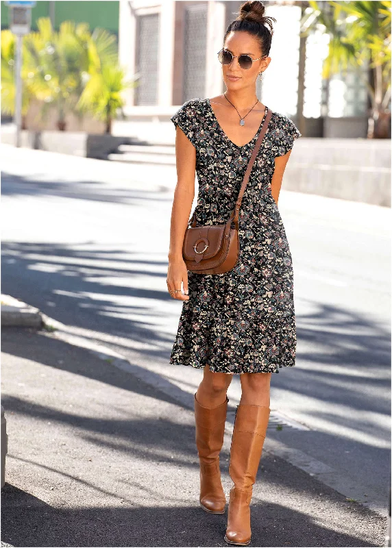 Women's Seasonal Clothing V-Neck Mini Dress - Black Floral