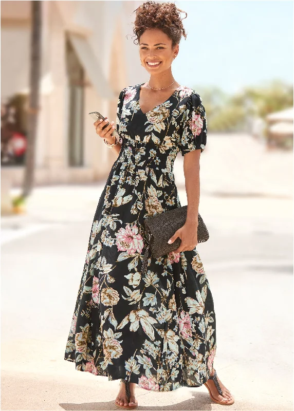 Classic Women's Clothing Styles Floral Maxi Dress - Black Multi