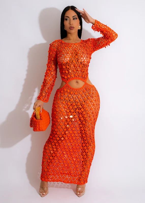 Women's Resort Garments Mother Of Pearl Crochet Cover Up Orange