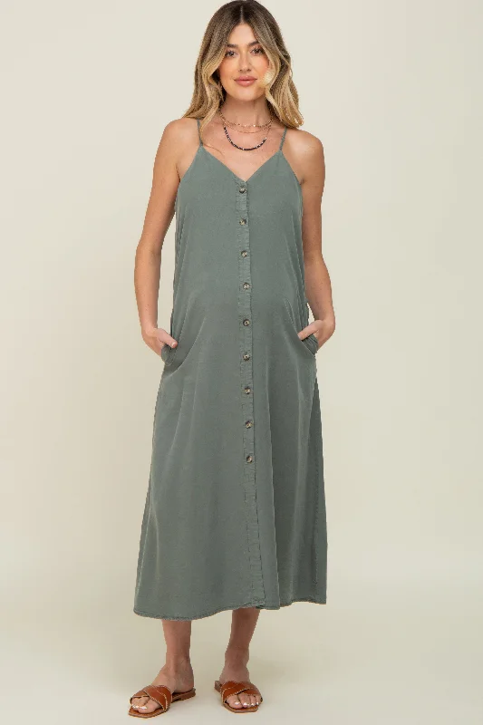 Women's Apparel And Garments Olive Button Down Maternity Midi Tank Dress