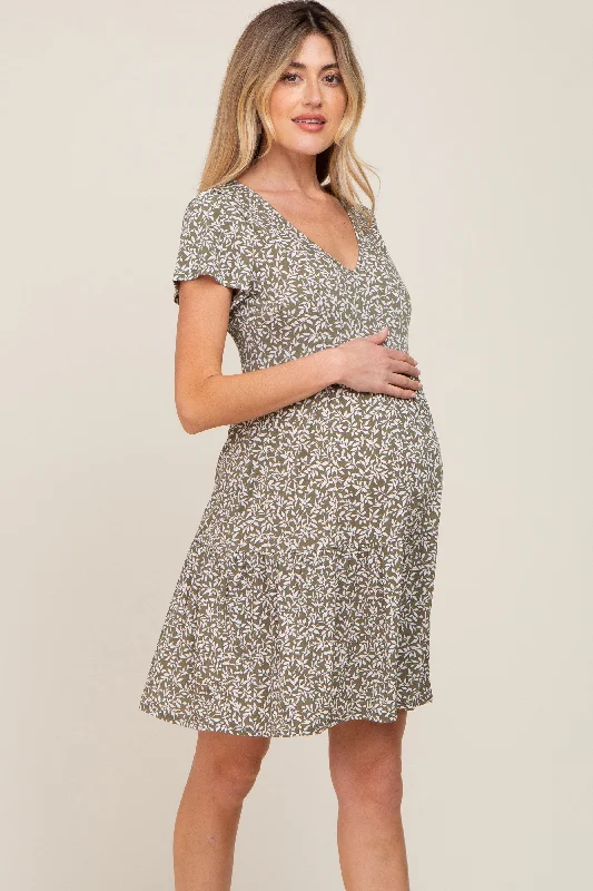 Women's Everyday Garments Olive Leaf Printed V-Neck Short Sleeve Maternity Dress