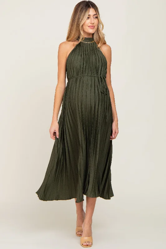 Women's Loungewear Clothes Olive Pleated Maternity Halter Dress