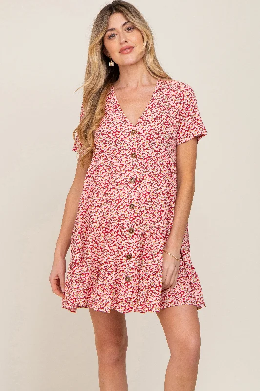 Sustainable Women's Apparel Red Floral Button Down Tiered Maternity Dress