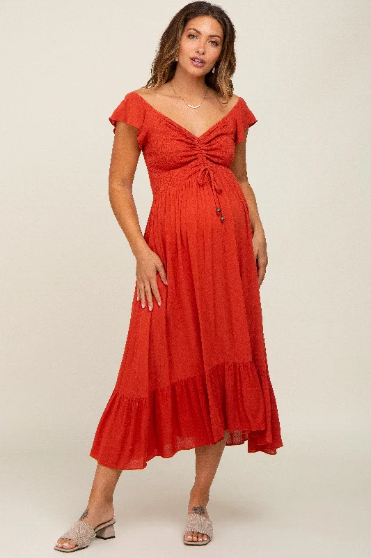 Women's Casual Apparel Rust Smocked Ruched Ruffle Hem Maternity Maxi Dress