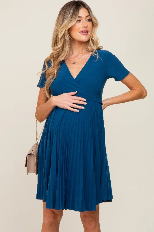 Comfortable Women's Clothing Teal Pleated Maternity/Nursing Dress