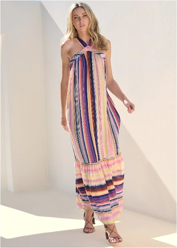 Women's Casual Wear Clothes Striped Tiered Maxi Dress - Multi