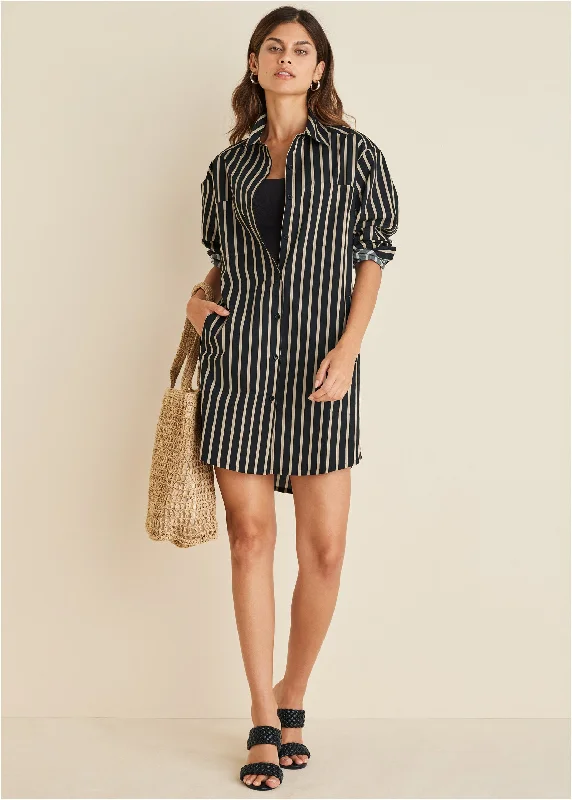 Women's Occasion Wear Clothes Shirt Dress - Tan Black Stripe