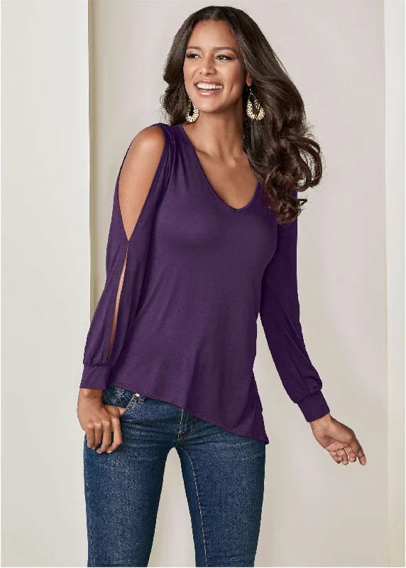 Women's Holiday Attire V-Neck Cold-Shoulder Top - Dark Purple