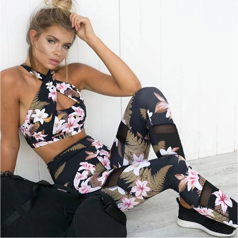 Trendy Athleisure Clothing For Women Vutru 2 Piece Floral Print Yoga Set Women Sexy Tracksuit For Women Gym Fitness Clothes Bra+Long Pants Running Tights Sport Suit