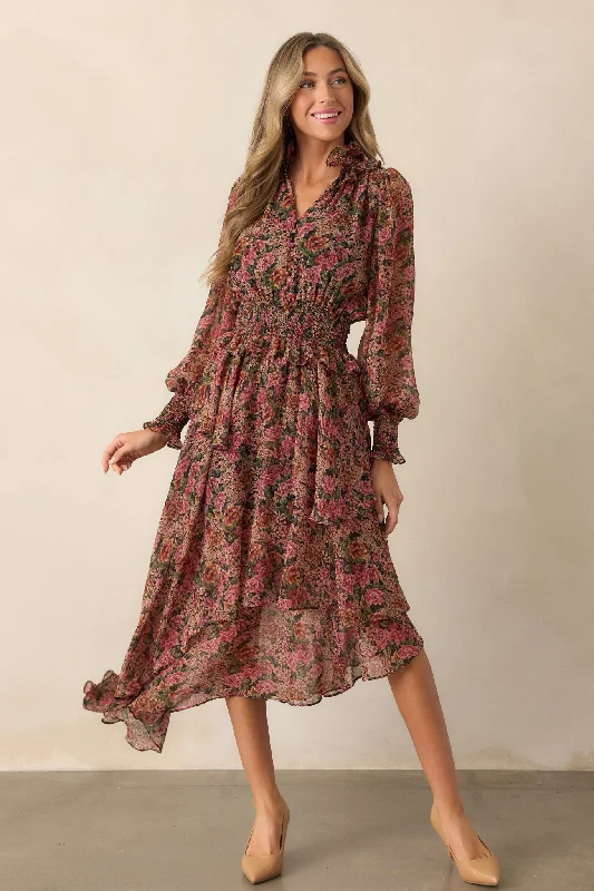 Women's Elegant Garments Roses Of Love Black Multi Floral Long Sleeve Ruffle Midi Dress Women's Elegant Garments Roses Of Love Black Multi Floral Long Sleeve Ruffle Midi Dress